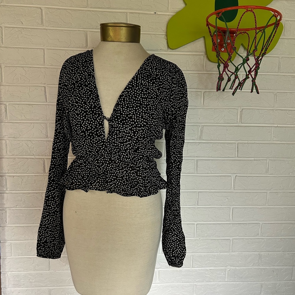 Reformation Black and White Tie Front Peplum Blouse